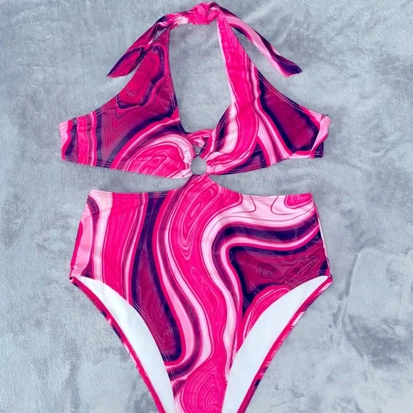 Abstract fluid pattern halter one piece swimsuit - Picture 1 of 4